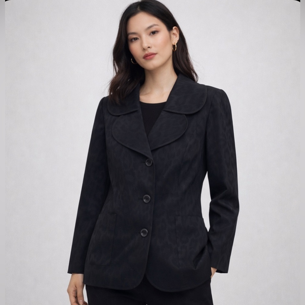 TRIBAL Women’s Leopard Print Sheen Jacket Blazer Career Casual Black Size Small